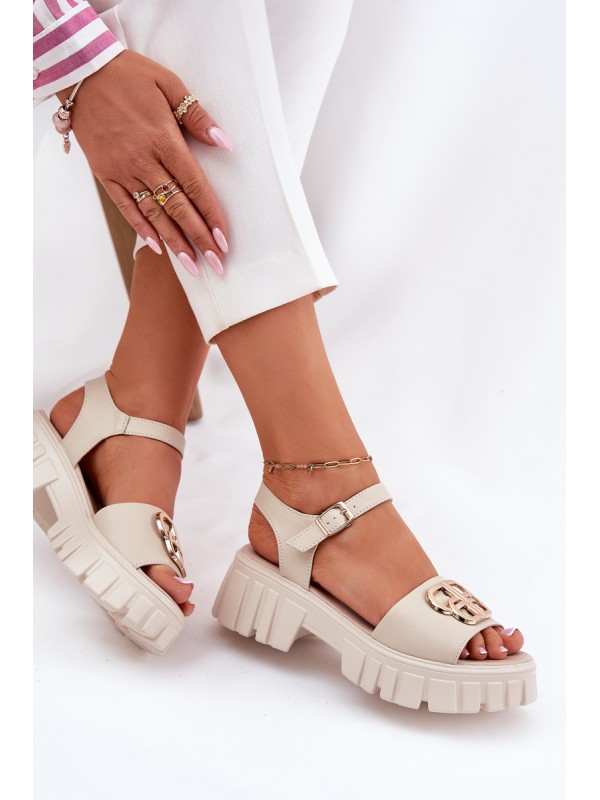 Women's Leather Sandals With Golden Detail Vinceza 79541 Beige