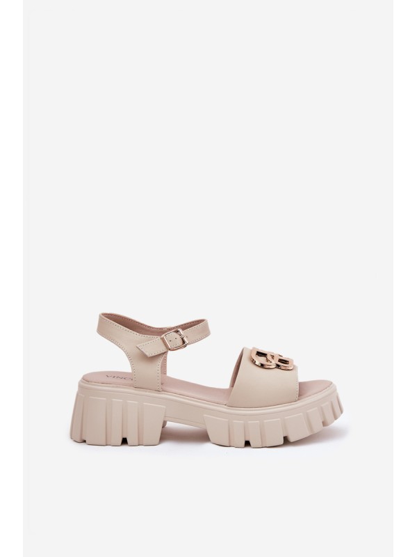 Women's Leather Sandals With Golden Detail Vinceza 79541 Beige
