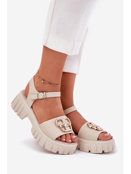 Women's Leather Sandals With Golden Detail Vinceza 79541 Beige
