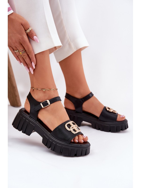 Women's Leather Sandals With Gold Detail Vinceza 79541 Black