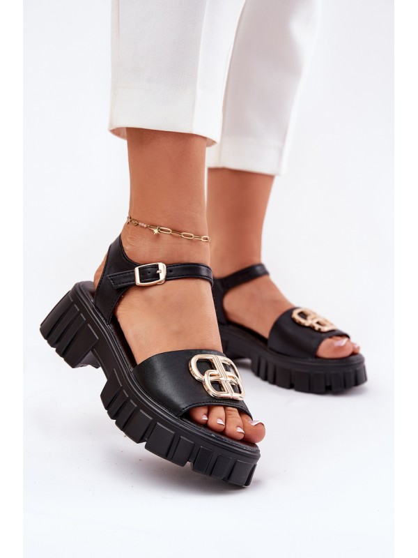 Women's Leather Sandals With Gold Detail Vinceza 79541 Black 2