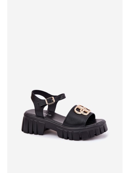 Women's Leather Sandals With Gold Detail Vinceza 79541 Black
