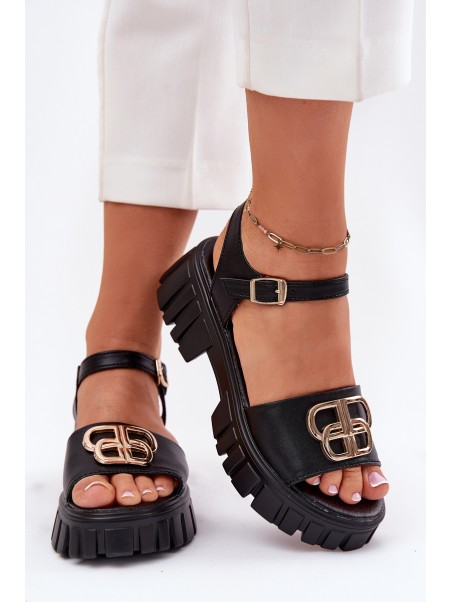 Women's Leather Sandals With Gold Detail Vinceza 79541 Black