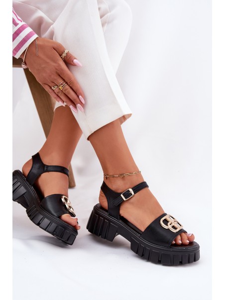 Women's Leather Sandals With Gold Detail Vinceza 79541 Black