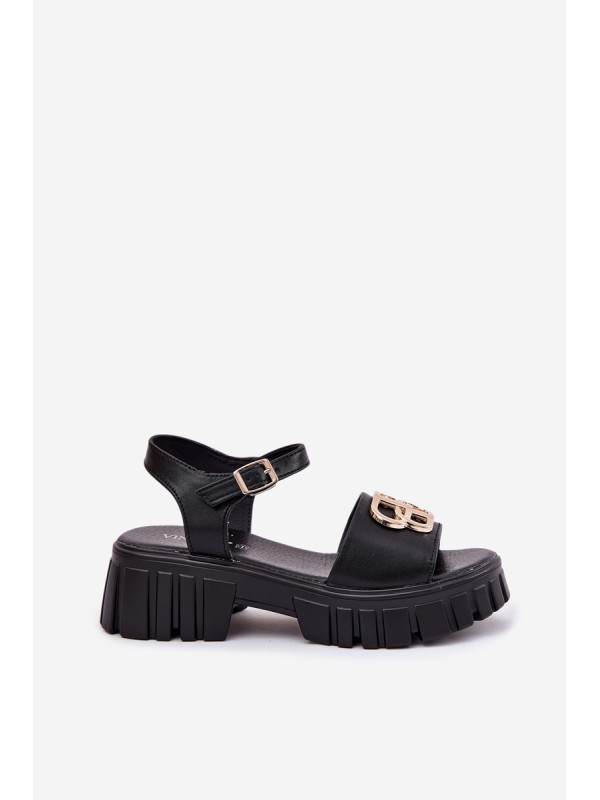 Women's Leather Sandals With Gold Detail Vinceza 79541 Black