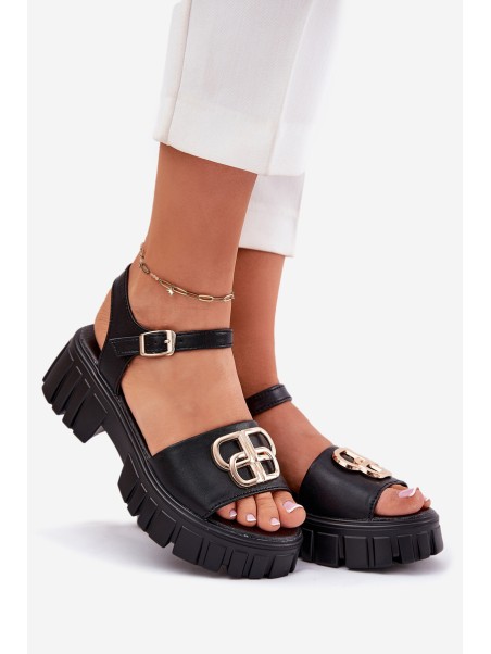 Women's Leather Sandals With Gold Detail Vinceza 79541 Black