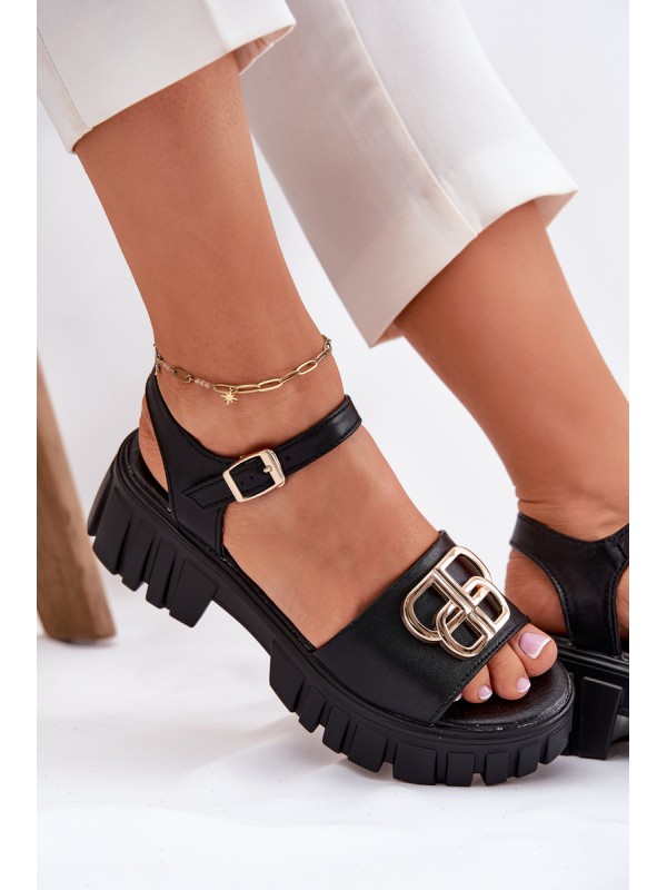 Women's Leather Sandals With Gold Detail Vinceza 79541 Black