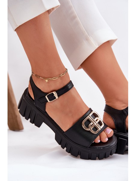 Women's Leather Sandals With Gold Detail Vinceza 79541 Black
