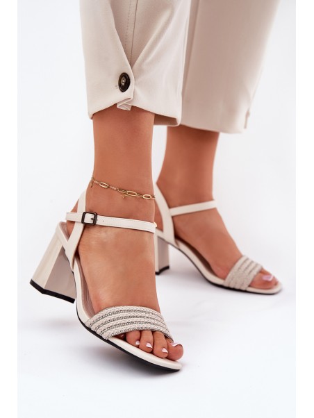 Women's Sandals On Heel With Zirconia And Braid Beige Vinceza 62228