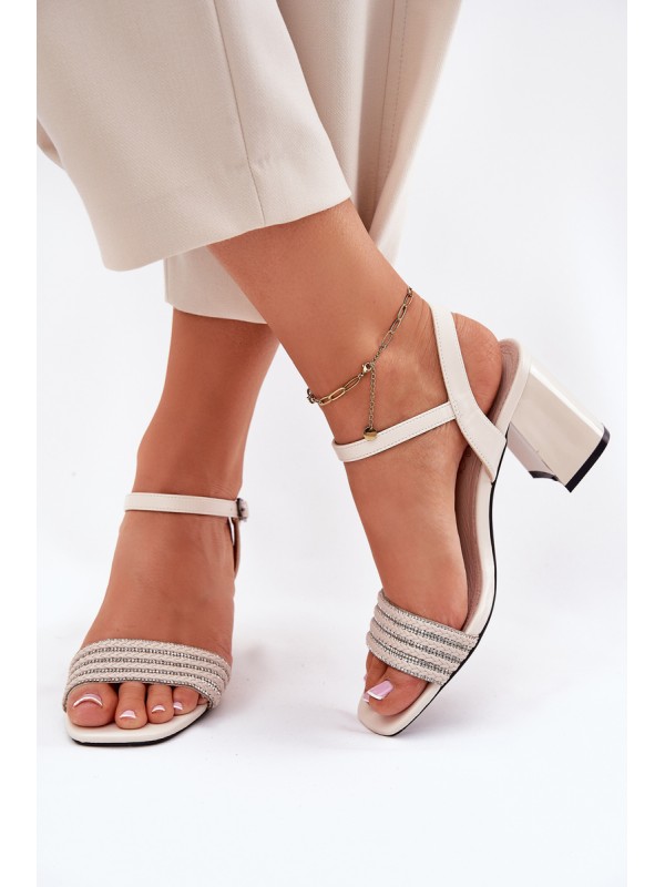 Women's Sandals On Heel With Zirconia And Braid Beige Vinceza 62228