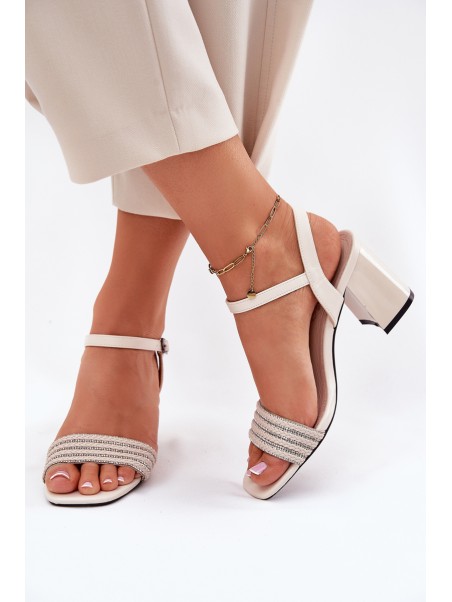 Women's Sandals On Heel With Zirconia And Braid Beige Vinceza 62228