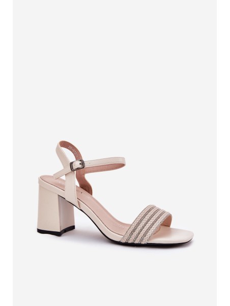 Women's Sandals On Heel With Zirconia And Braid Beige Vinceza 62228