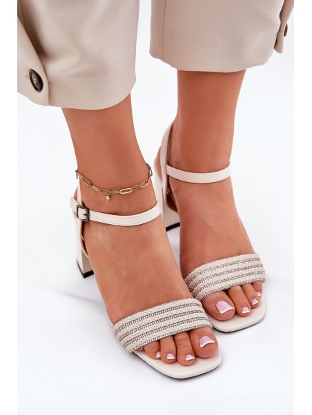 Women's Sandals On Heel With Zirconia And Braid Beige Vinceza 62228