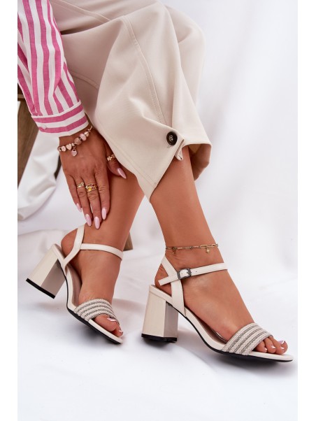 Women's Sandals On Heel With Zirconia And Braid Beige Vinceza 62228