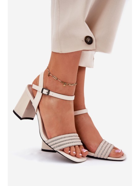 Women's Sandals On Heel With Zirconia And Braid Beige Vinceza 62228