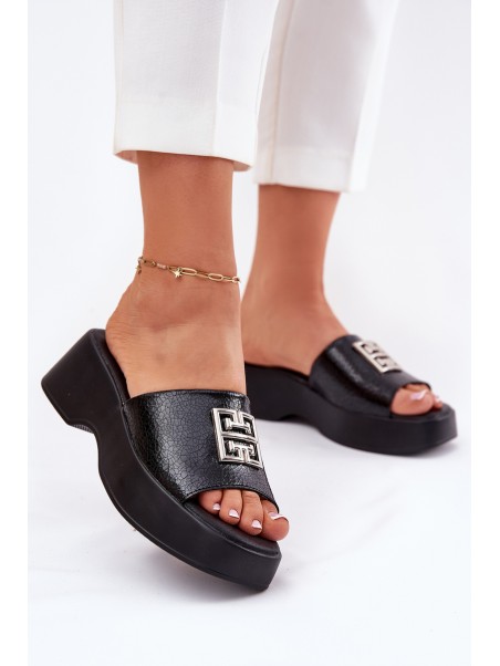 Leather Women's Slippers With Decoration Black Vinceza 79526
