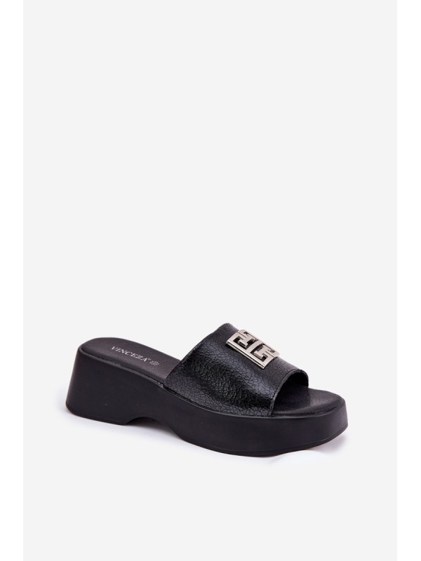 Leather Women's Slippers With Decoration Black Vinceza 79526