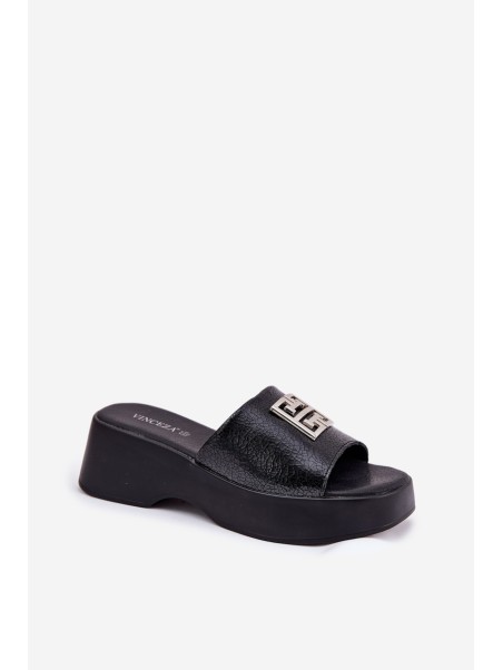 Leather Women's Slippers With Decoration Black Vinceza 79526