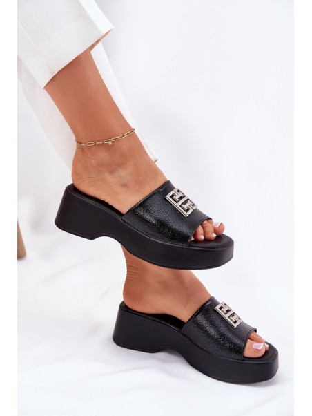 Leather Women's Slippers With Decoration Black Vinceza 79526