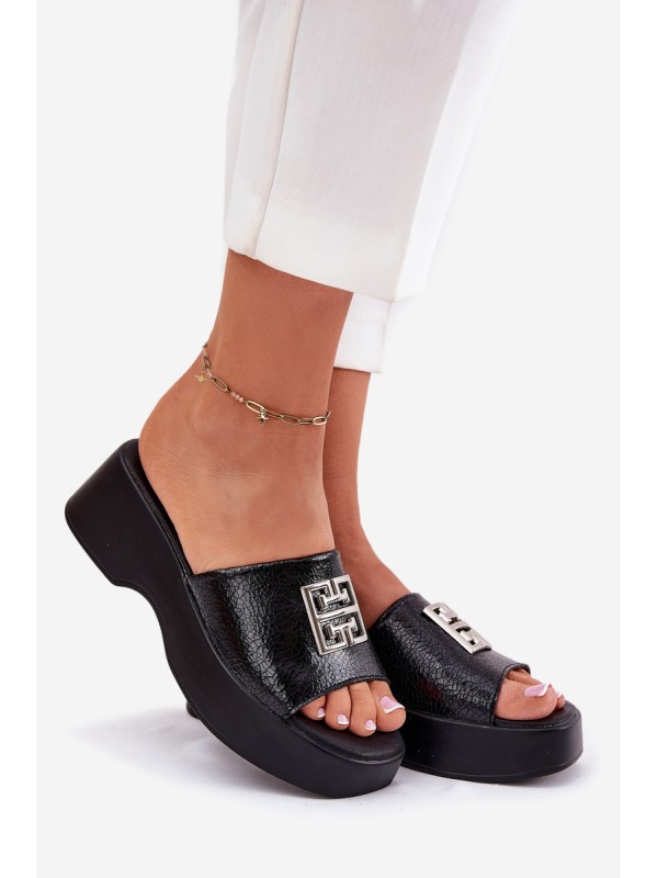 Leather Women's Slippers With Decoration Black Vinceza 79526