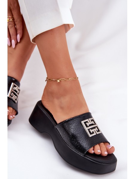 Leather Women's Slippers With Decoration Black Vinceza 79526