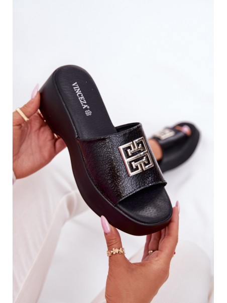 Leather Women's Slippers With Decoration Black Vinceza 79526