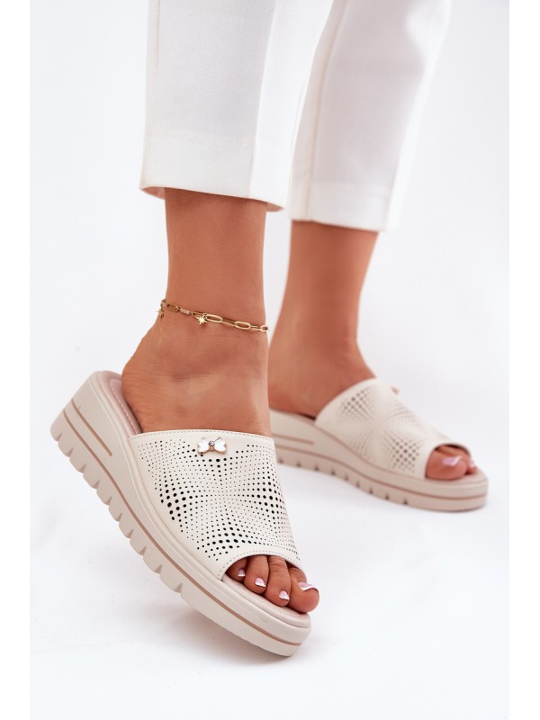 Women's Leather Wedge Sandals Beige Vinceza 41477 2