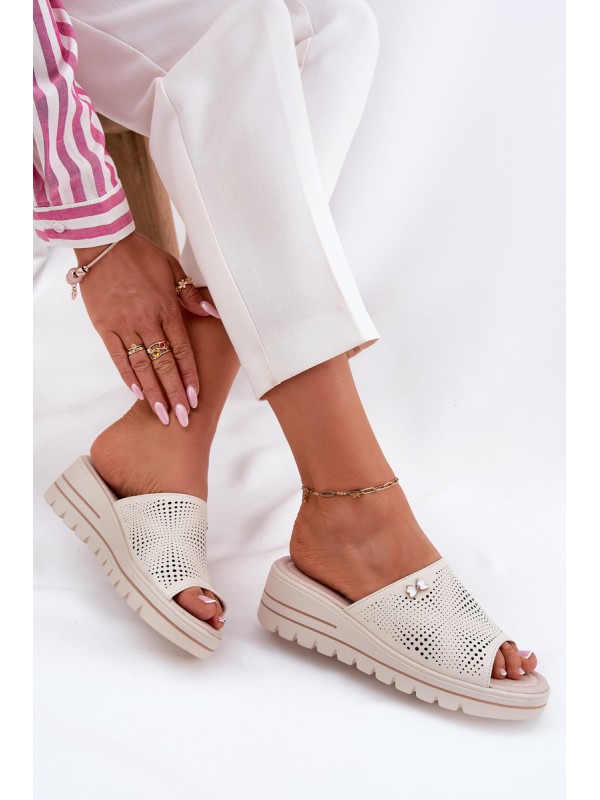 Women's Leather Wedge Sandals Beige Vinceza 41477 Women's Leather Wedge Sandals Beige Vinceza 41477