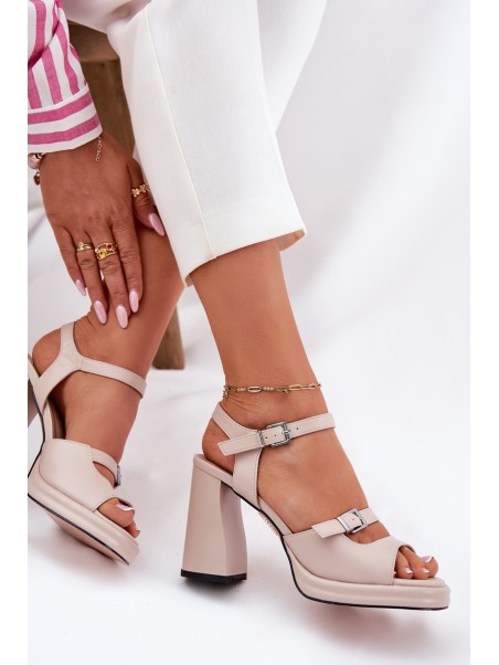 Women's Leather Heeled Sandals Vinceza 77110 Beige