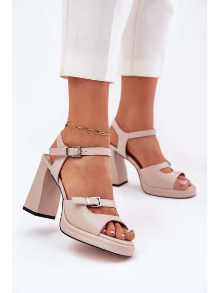 Women's Leather Heeled Sandals Vinceza 77110 Beige