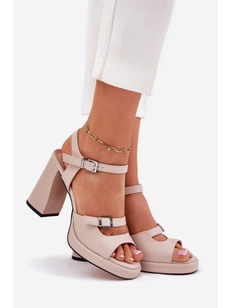 Women's Leather Heeled Sandals Vinceza 77110 Beige