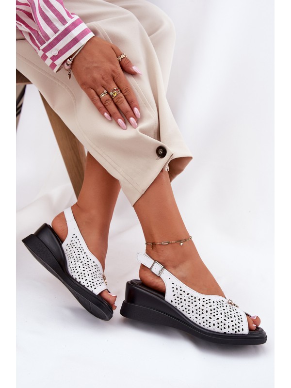 Leather Perforated Women's Sandals On Wedge Vinceza 79529 White