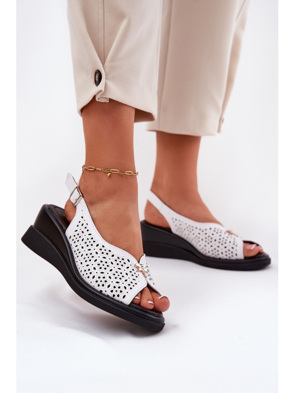 Leather Perforated Women's Sandals On Wedge Vinceza 79529 White 2