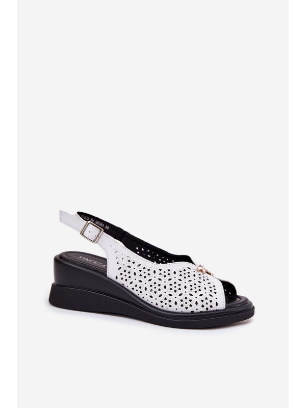 Leather Perforated Women's Sandals On Wedge Vinceza 79529 White