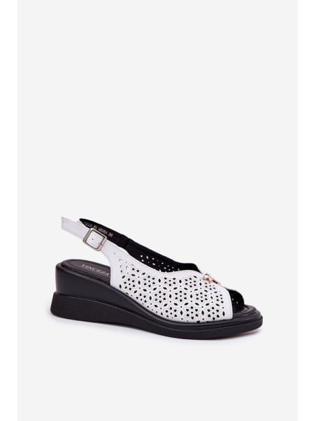 Leather Perforated Women's Sandals On Wedge Vinceza 79529 White
