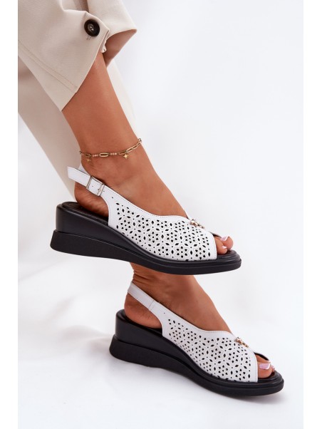 Leather Perforated Women's Sandals On Wedge Vinceza 79529 White