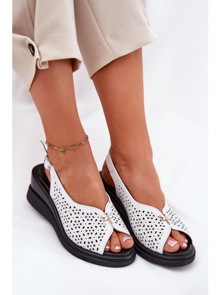 Leather Perforated Women's Sandals On Wedge Vinceza 79529 White
