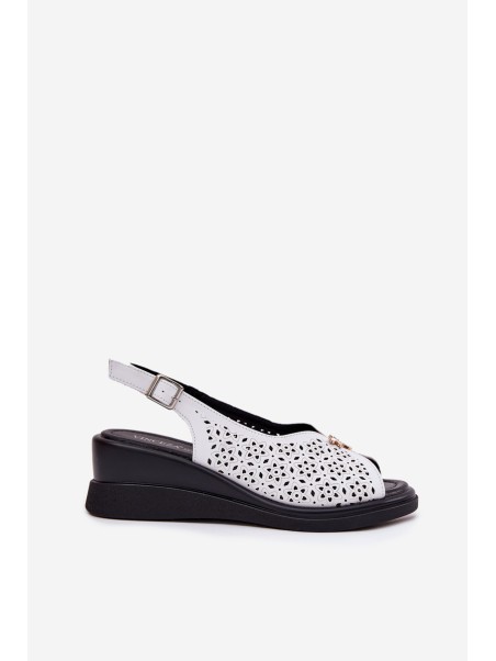 Leather Perforated Women's Sandals On Wedge Vinceza 79529 White