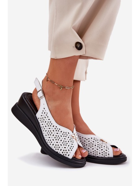 Leather Perforated Women's Sandals On Wedge Vinceza 79529 White