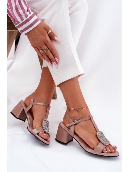 Leather Patent Women's Heeled Sandals With Decoration Vinceza 91134 Beige