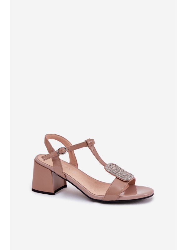 Leather Patent Women's Heeled Sandals With Decoration Vinceza 91134 Beige