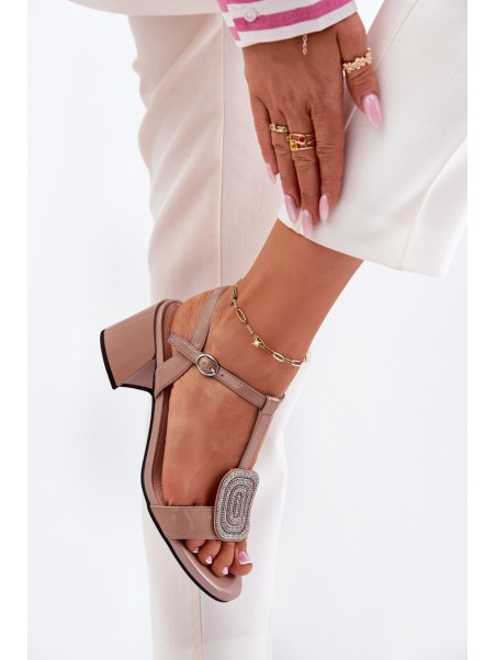 Leather Patent Women's Heeled Sandals With Decoration Vinceza 91134 Beige