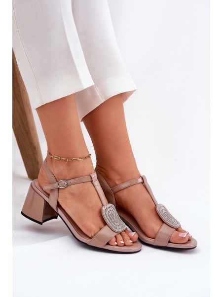 Leather Patent Women's Heeled Sandals With Decoration Vinceza 91134 Beige