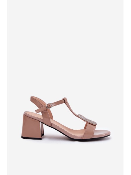 Leather Patent Women's Heeled Sandals With Decoration Vinceza 91134 Beige