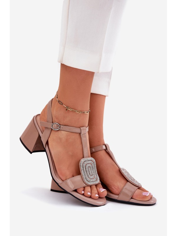 Leather Patent Women's Heeled Sandals With Decoration Vinceza 91134 Beige