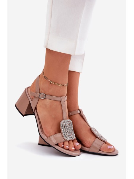 Leather Patent Women's Heeled Sandals With Decoration Vinceza 91134 Beige