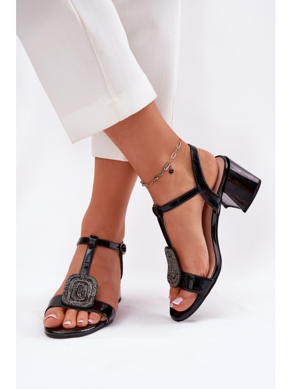 Leather Patent Women's Heeled Sandals With Decoration Vinceza 91134 Black 2