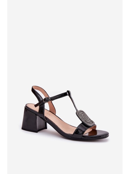 Leather Patent Women's Heeled Sandals With Decoration Vinceza 91134 Black