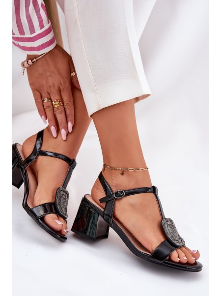 Leather Patent Women's Heeled Sandals With Decoration Vinceza 91134 Black