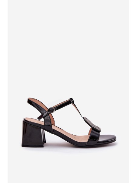 Leather Patent Women's Heeled Sandals With Decoration Vinceza 91134 Black